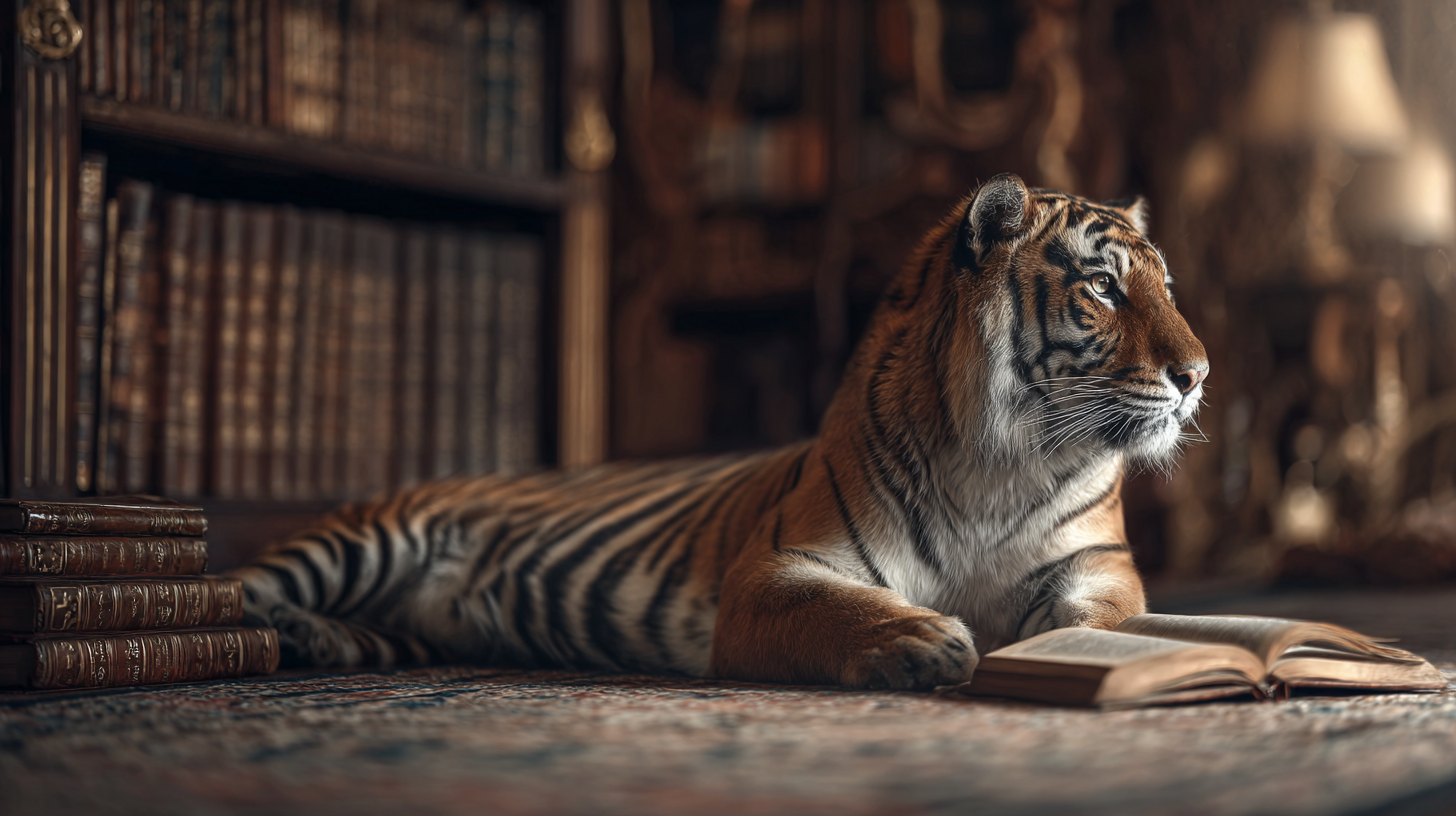 A tiger staring off to the side, with an open book in front of him, perhaps envisioning the world he's reading about.