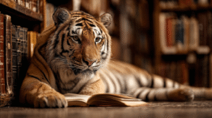 A tiger reading a book in a library.